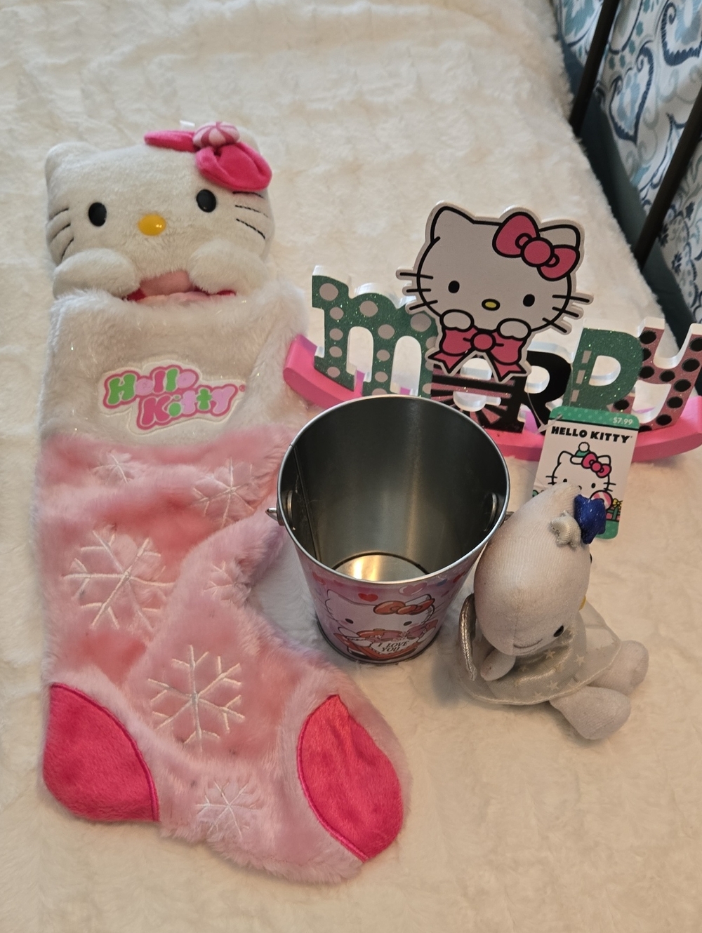 Hello Kitty Pink & White Plush Holiday Stocking with Snowflake Applique